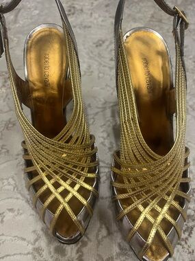 Roberto Cavalli Metallic Gold Strappy Peep-Toe Slingbacks